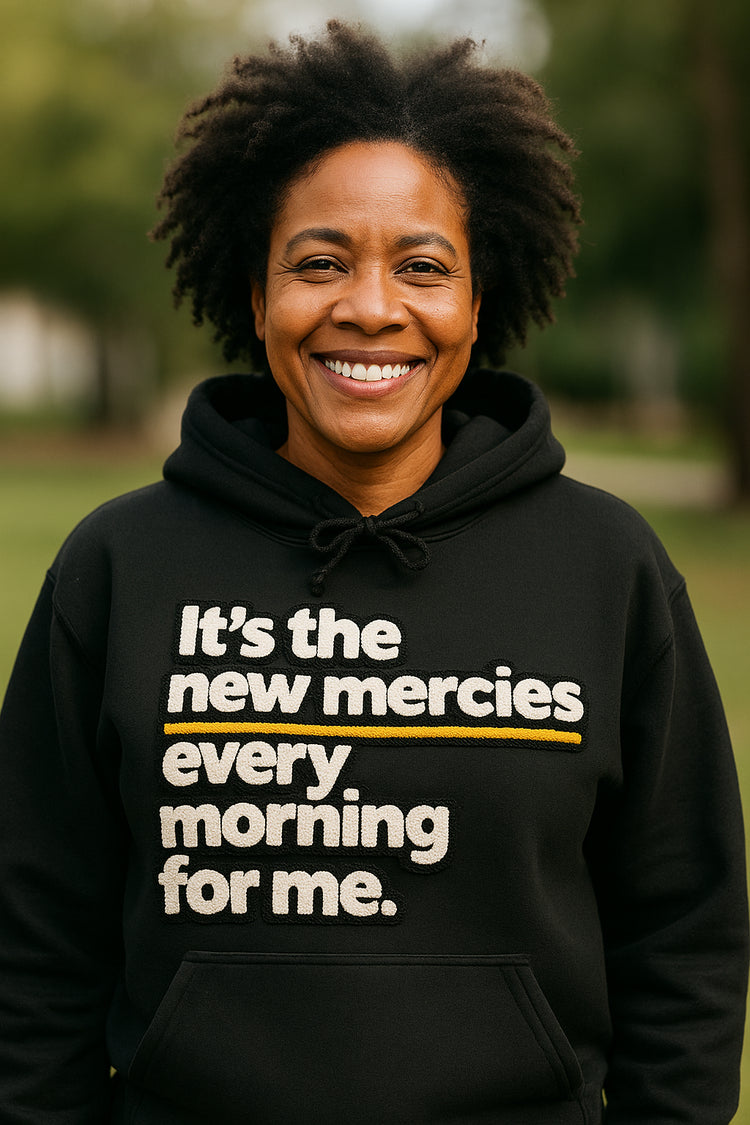 New Morning New Mercies Chenille Patch Hooded Sweatshirt-clothing and culture-shop here at-A Perfect Shirt
