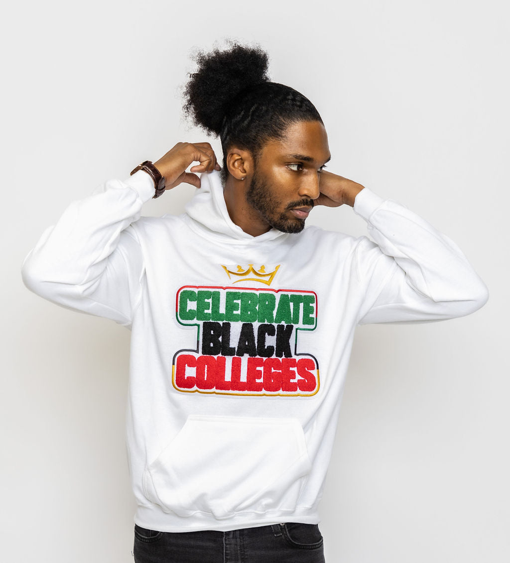 Celebrate Black Colleges Chenille Patch Hooded Sweatshirt-clothing and culture-shop here at-A Perfect Shirt