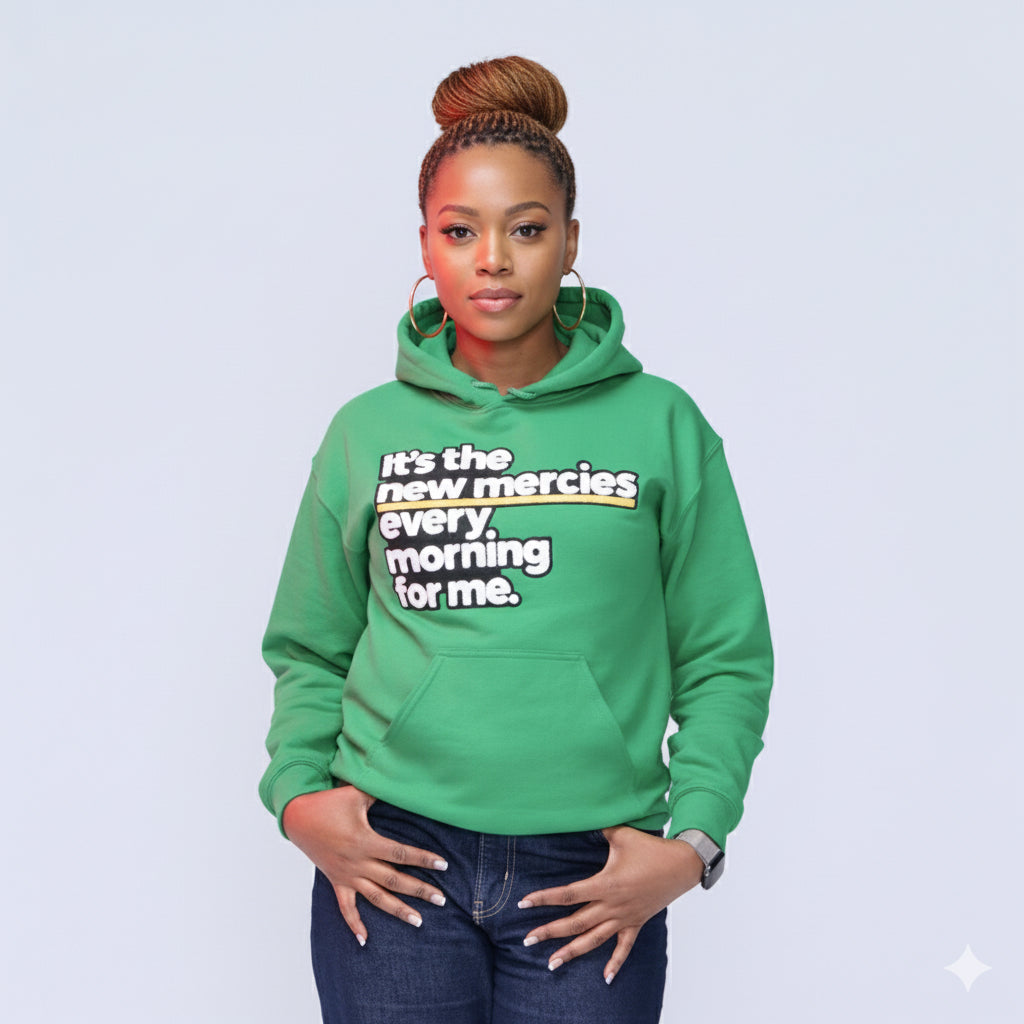 New Morning New Mercies Chenille Patch Hooded Sweatshirt-clothing and culture-shop here at-A Perfect Shirt