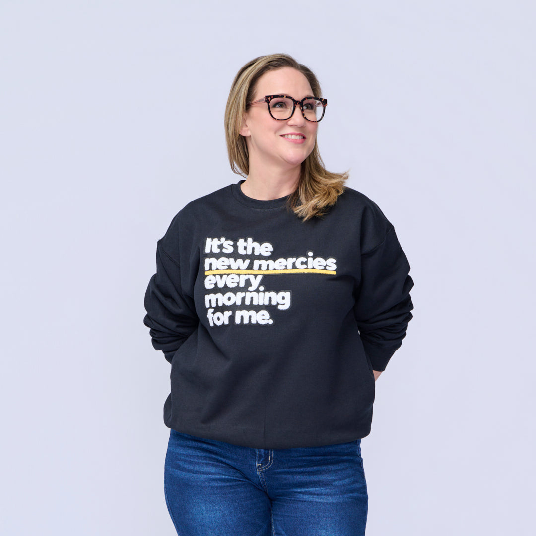 New Morning New Mercies Chenille Patch Unisex Sweatshirt-clothing and culture-shop here at-A Perfect Shirt