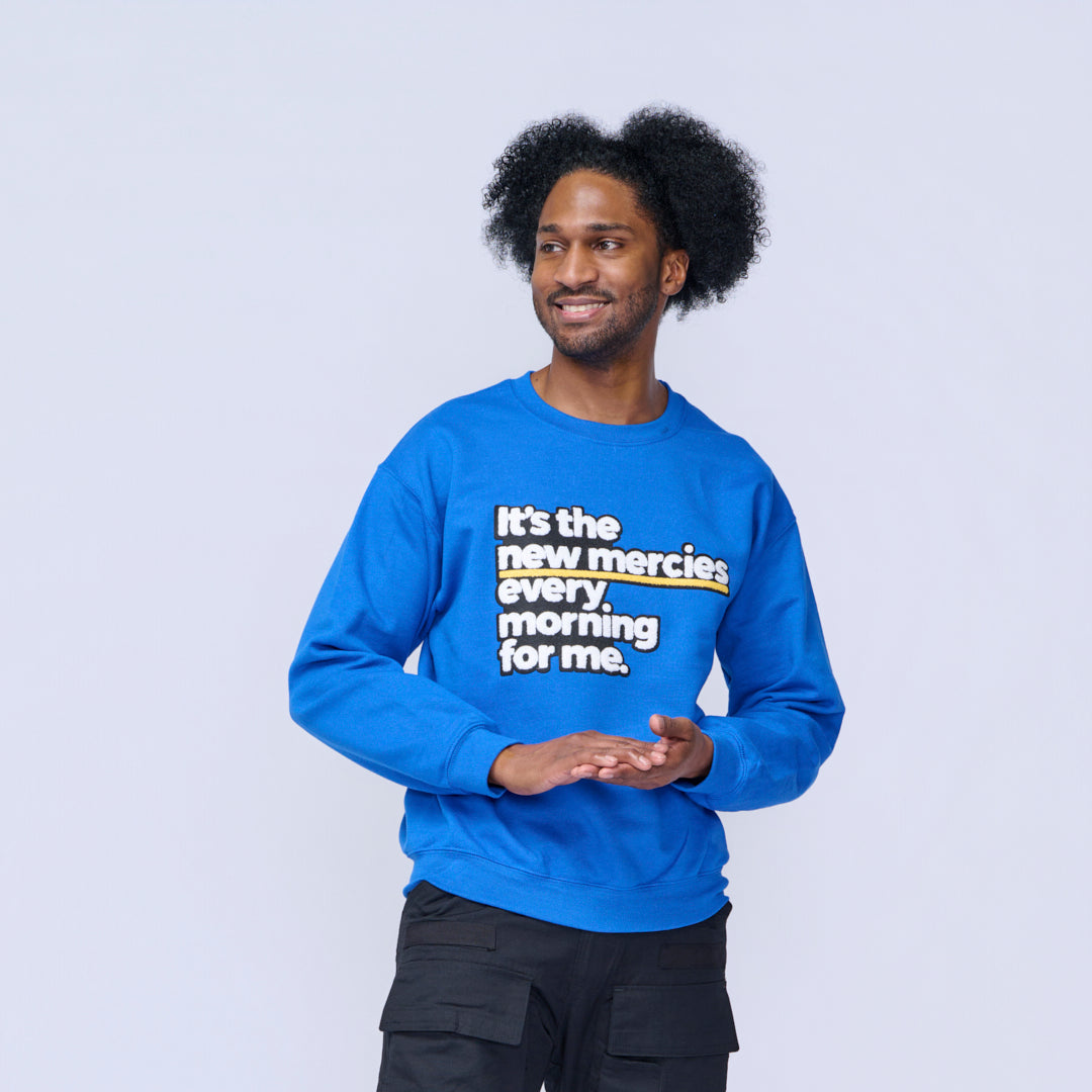 New Morning New Mercies Chenille Patch Unisex Sweatshirt-clothing and culture-shop here at-A Perfect Shirt