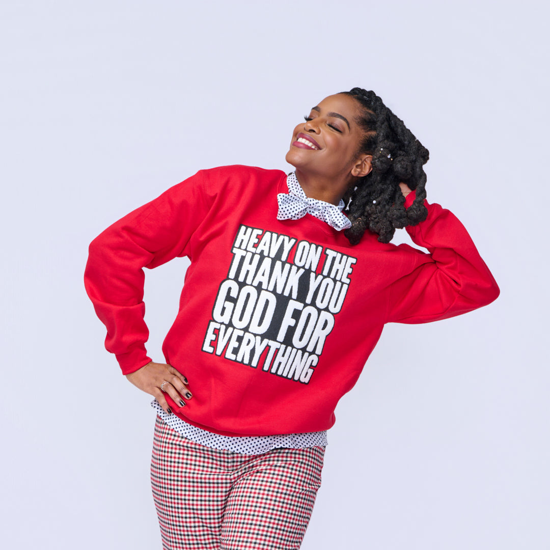 Heavy On The Thank You God For Everything Unisex Sweatshirt with Chenille Patch-clothing and culture-shop here at-A Perfect Shirt
