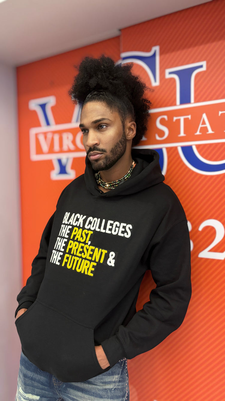Black and Gold Chenille Patch Black Colleges, The Past, The Present & The Future HBCU Hoodie-clothing and culture-shop here at-A Perfect Shirt
