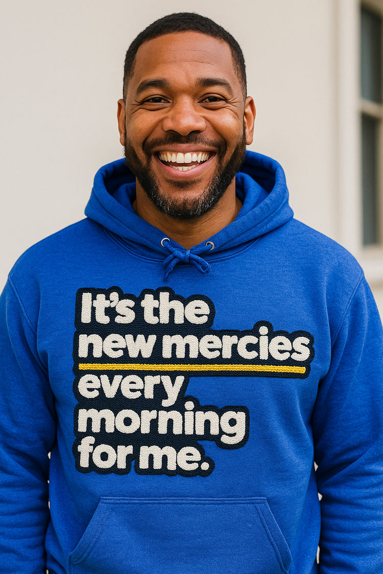 New Morning New Mercies Chenille Patch Hooded Sweatshirt-clothing and culture-shop here at-A Perfect Shirt