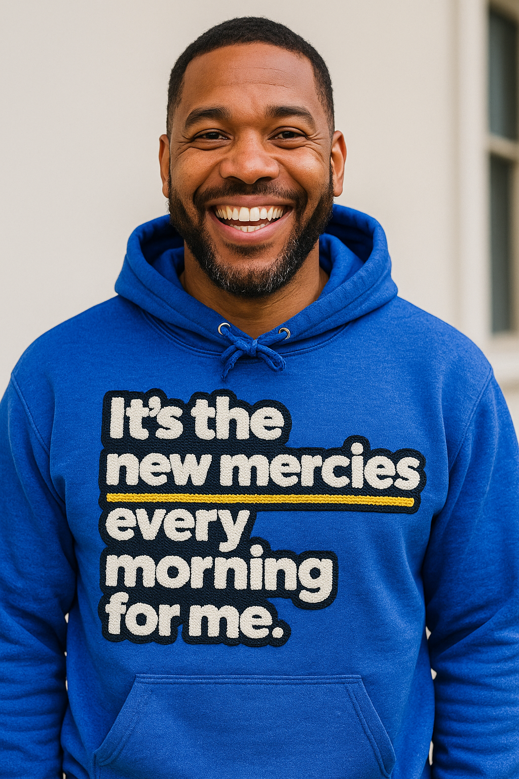 New Morning New Mercies Chenille Patch Hooded Sweatshirt-clothing and culture-shop here at-A Perfect Shirt