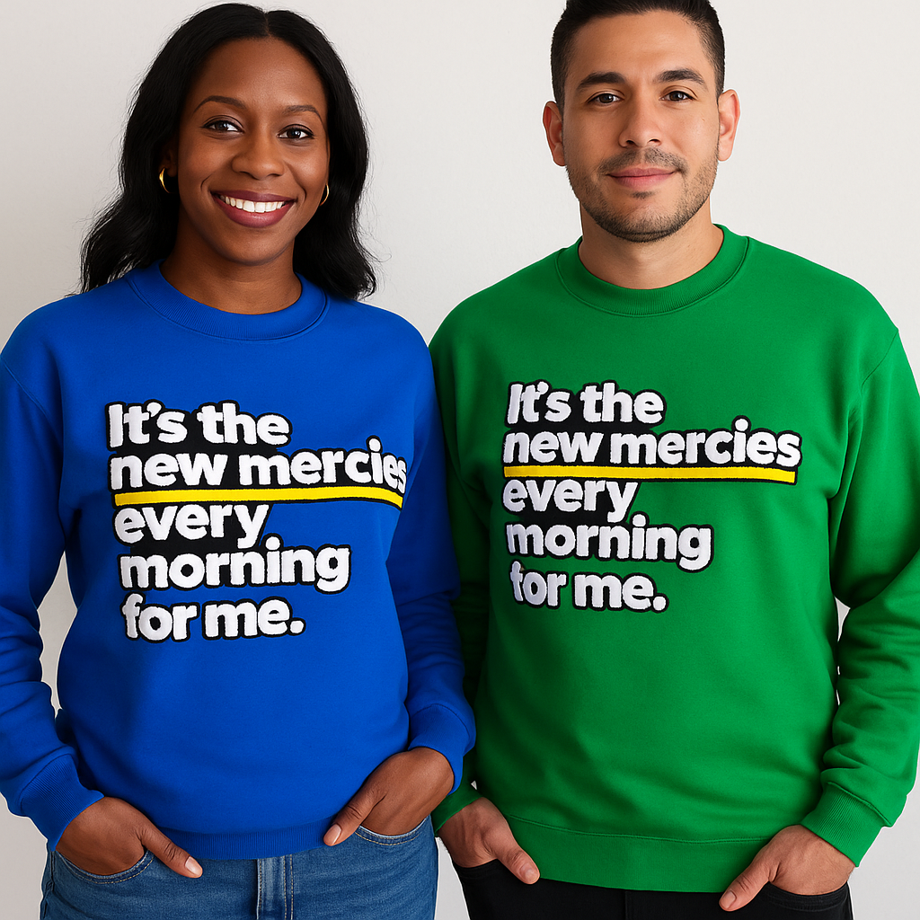 New Morning New Mercies Chenille Patch Unisex Sweatshirt-clothing and culture-shop here at-A Perfect Shirt