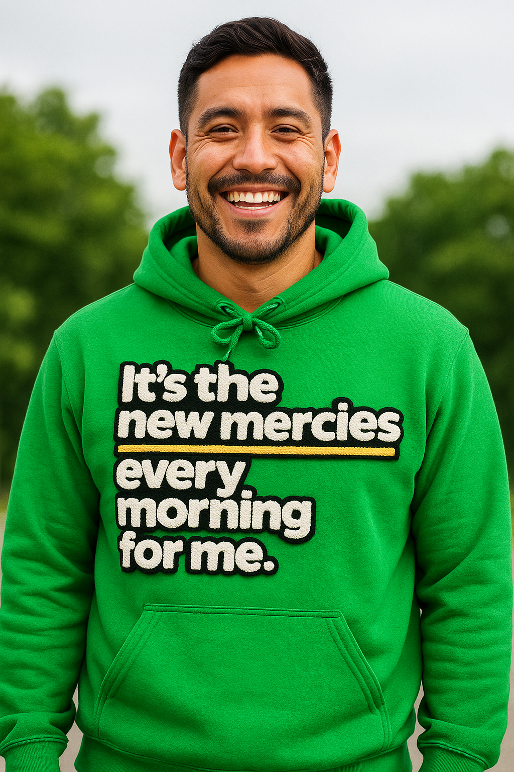 New Morning New Mercies Chenille Patch Hooded Sweatshirt-clothing and culture-shop here at-A Perfect Shirt